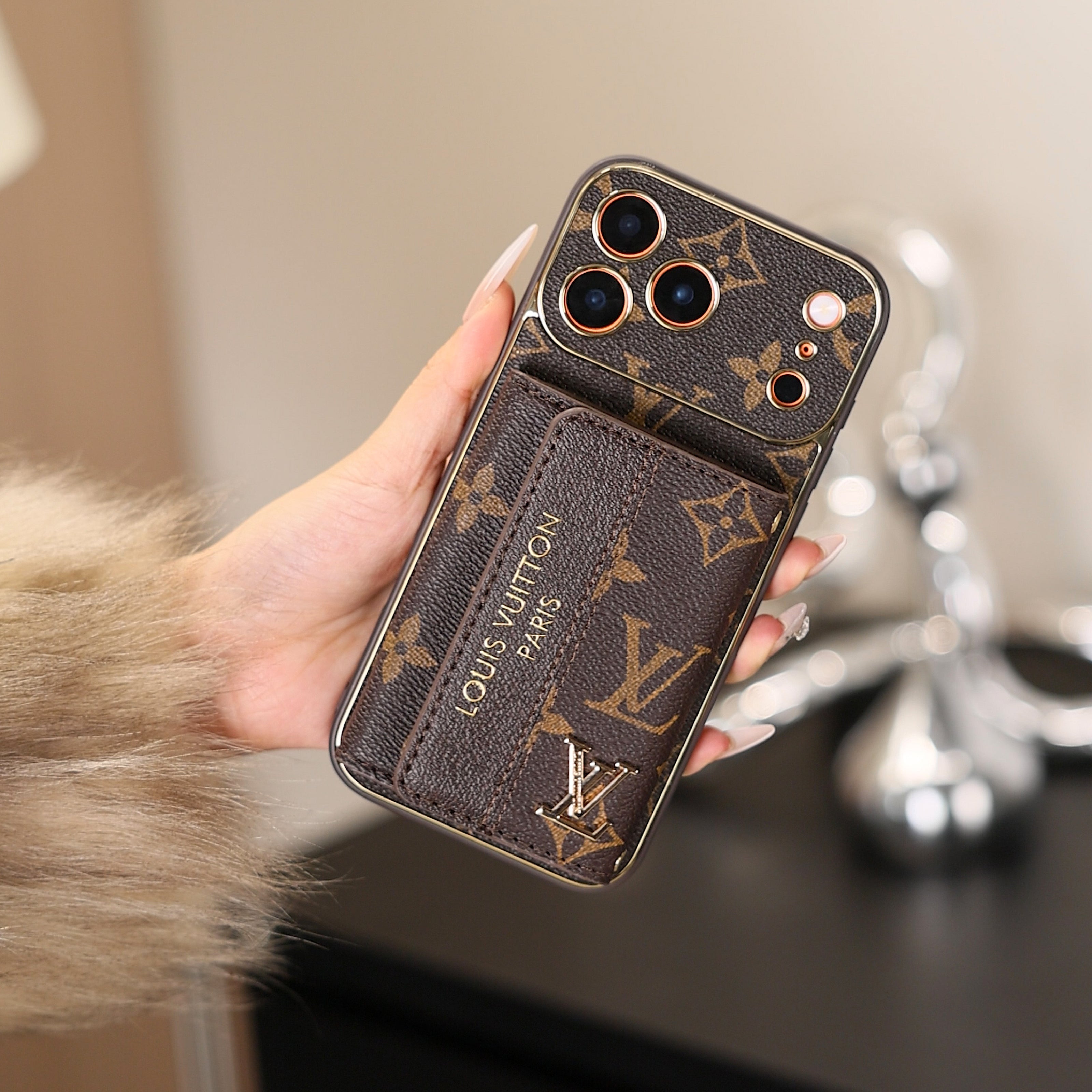 Designer-Inspired Monogram iPhone Case with Built-In Card Holder & Gold-Tone Details