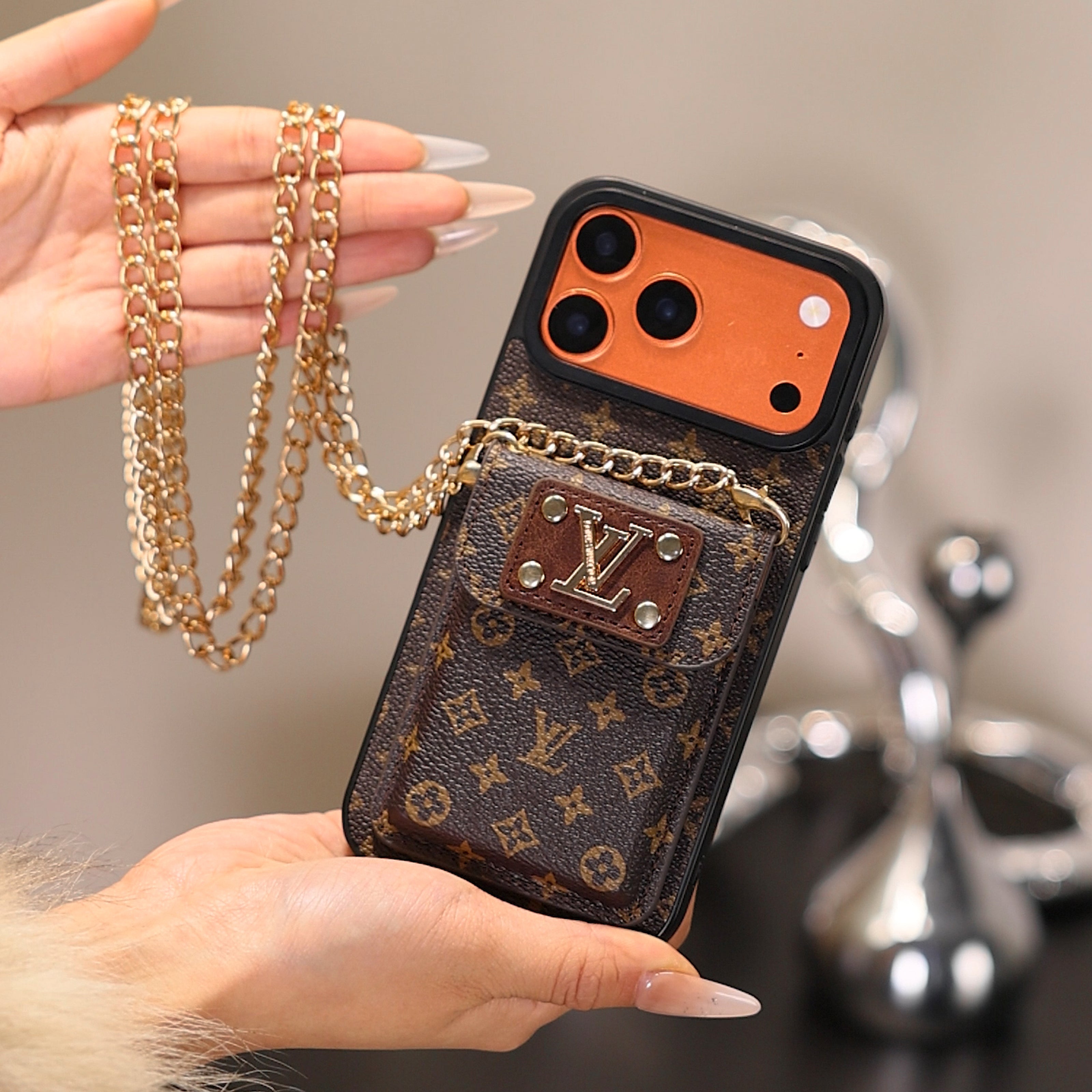 Designer-Inspired Monogram iPhone Case with Metal Wallet Pocket & Gold Chain