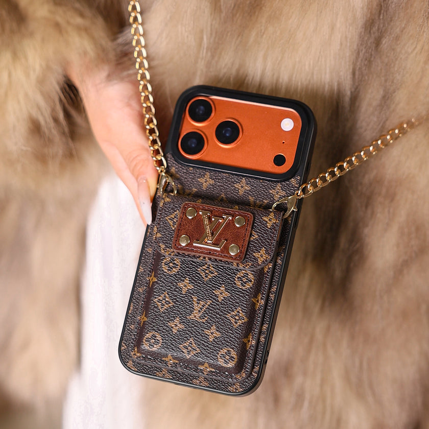 Designer-Inspired Monogram iPhone Case with Metal Wallet Pocket & Gold Chain