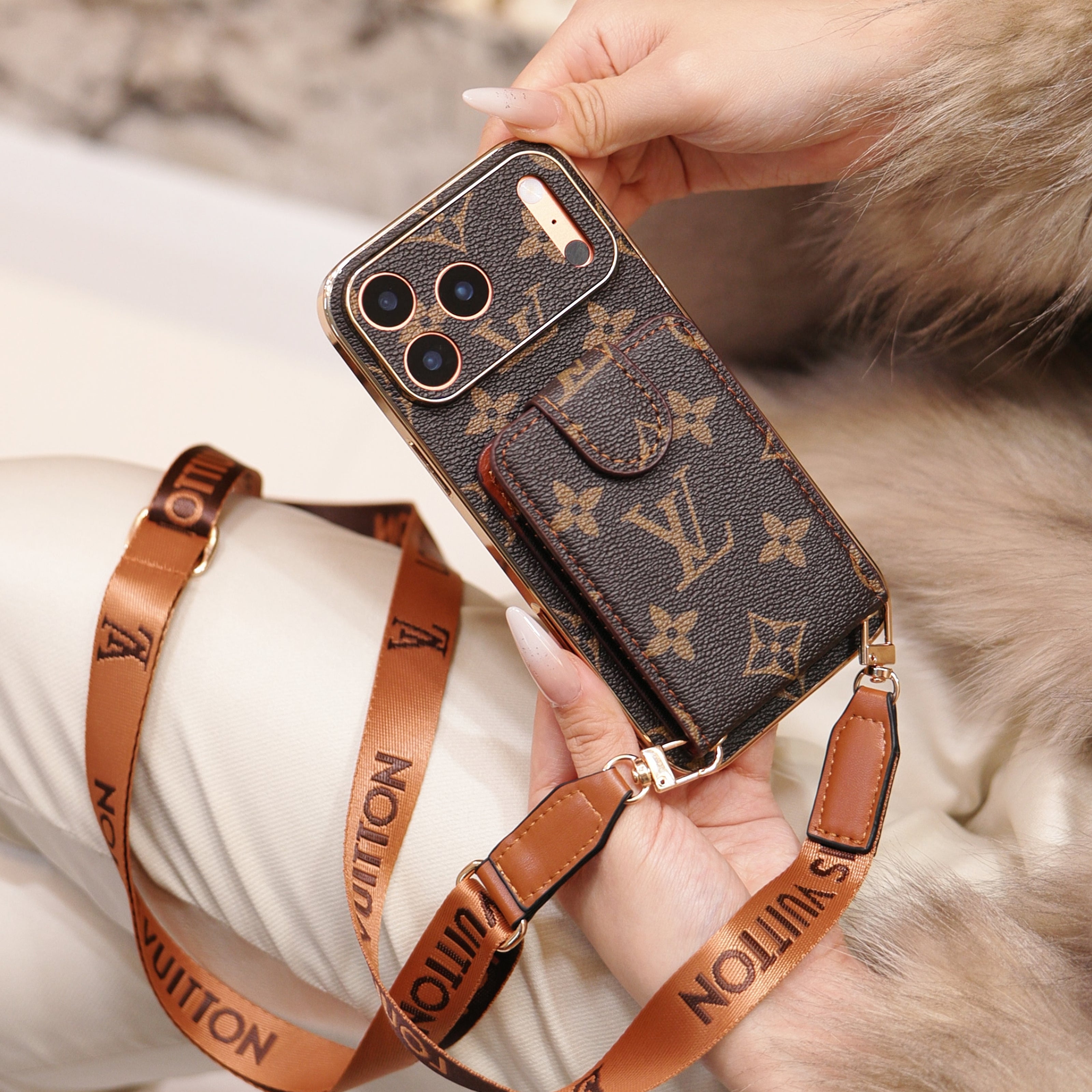 Designer-Inspired Monogram iPhone Case with Crossbody Strap & Wallet Pocket