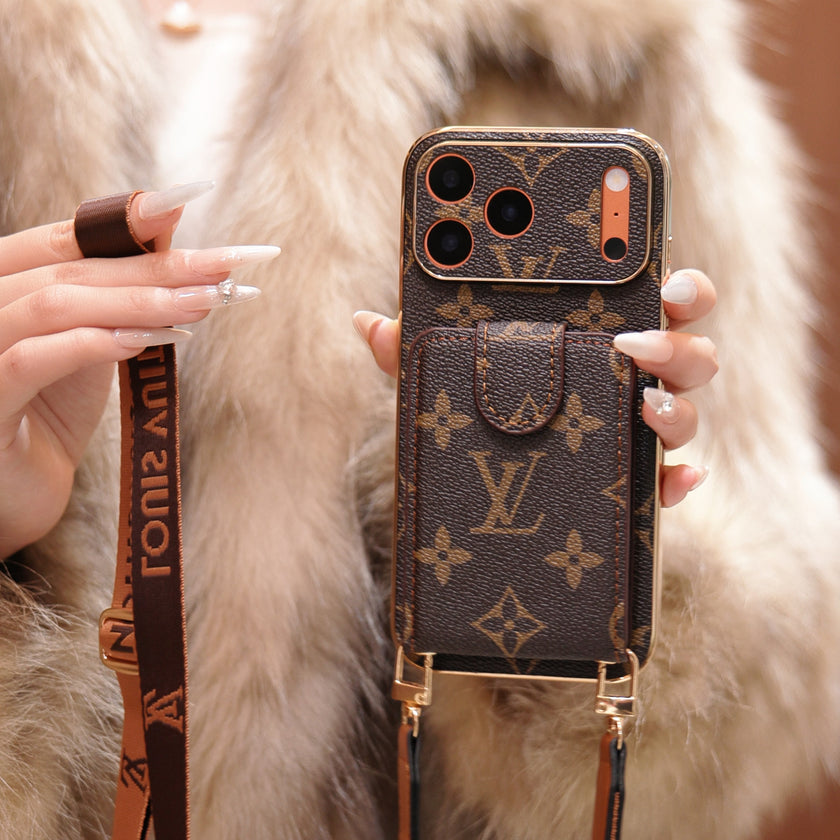 Designer-Inspired Monogram iPhone Case with Crossbody Strap & Wallet Pocket