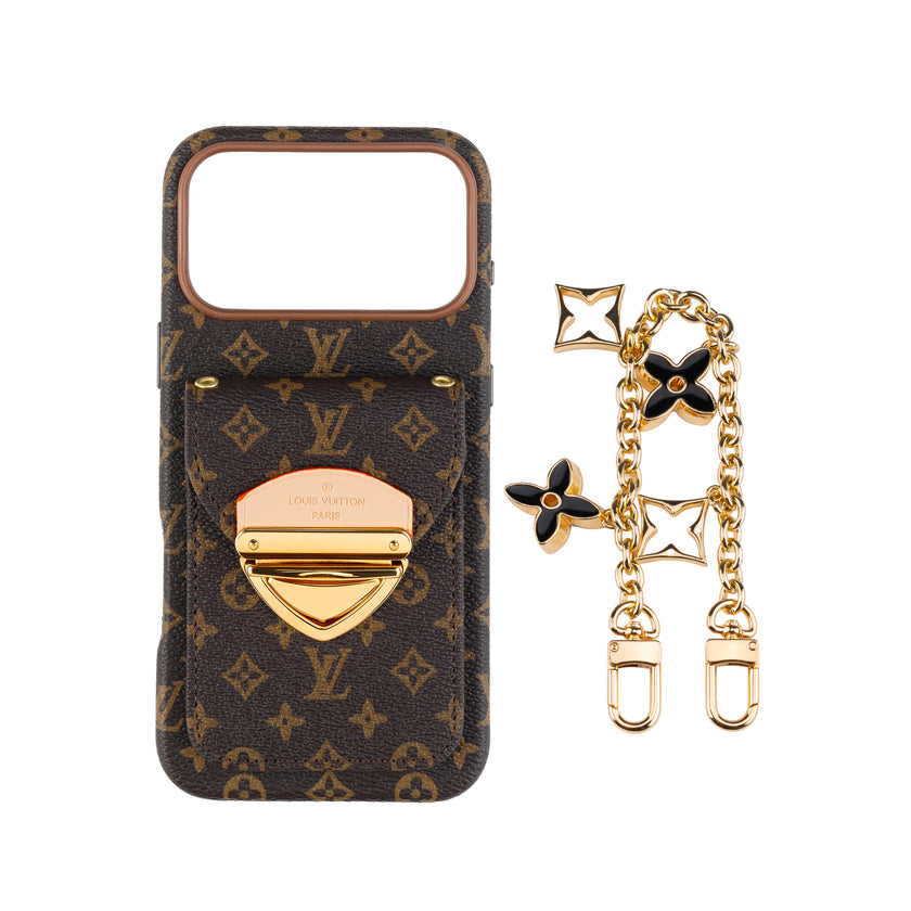 Designer-Inspired Monogram iPhone Case with Metal Wallet Pocket & Chain Charm