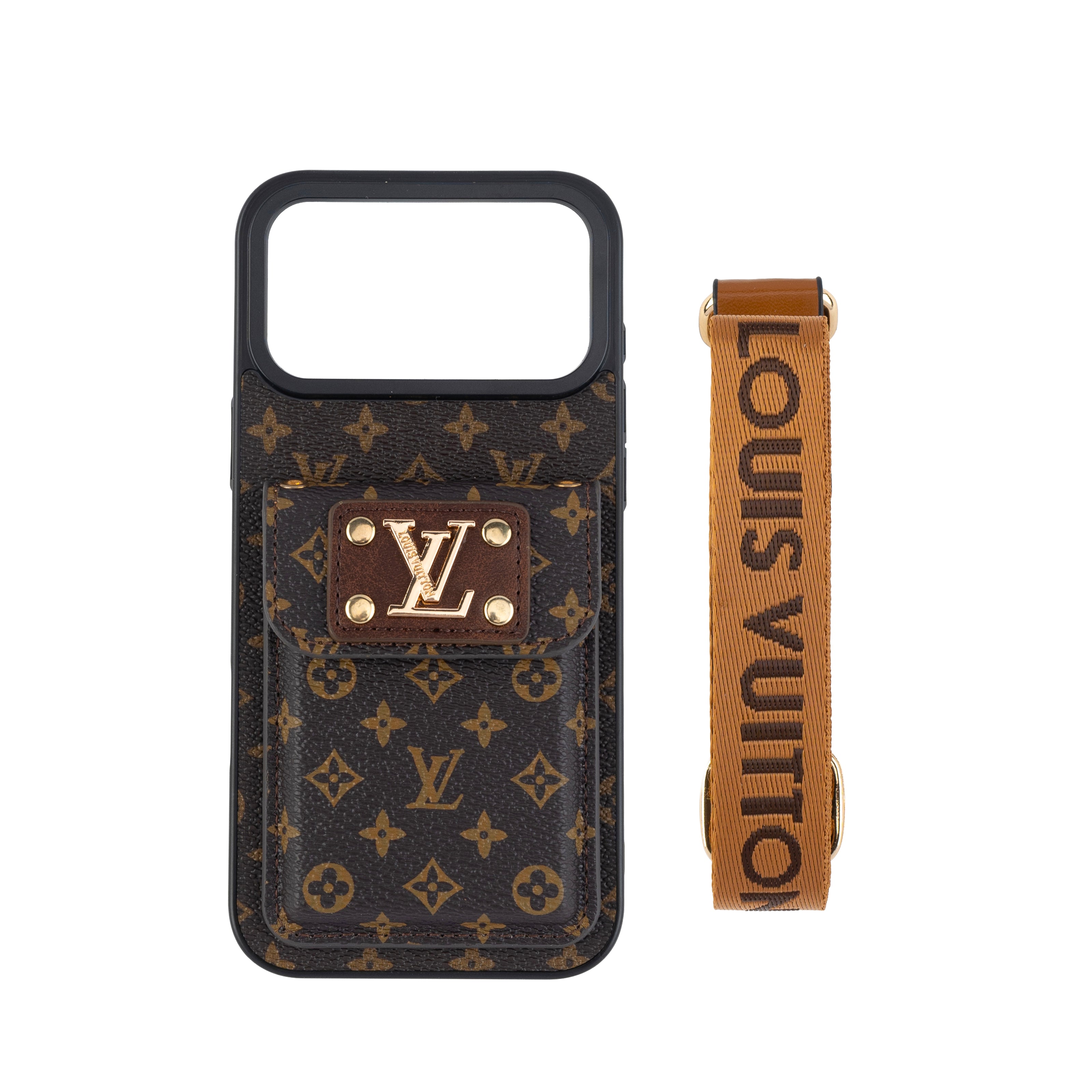 Designer-Inspired Monogram iPhone Case with Metal Wallet Pocket & Gold Chain