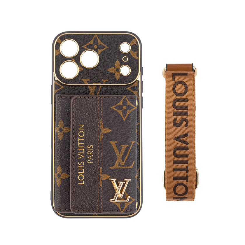Designer-Inspired Monogram iPhone Case with Built-In Card Holder & Gold-Tone Details