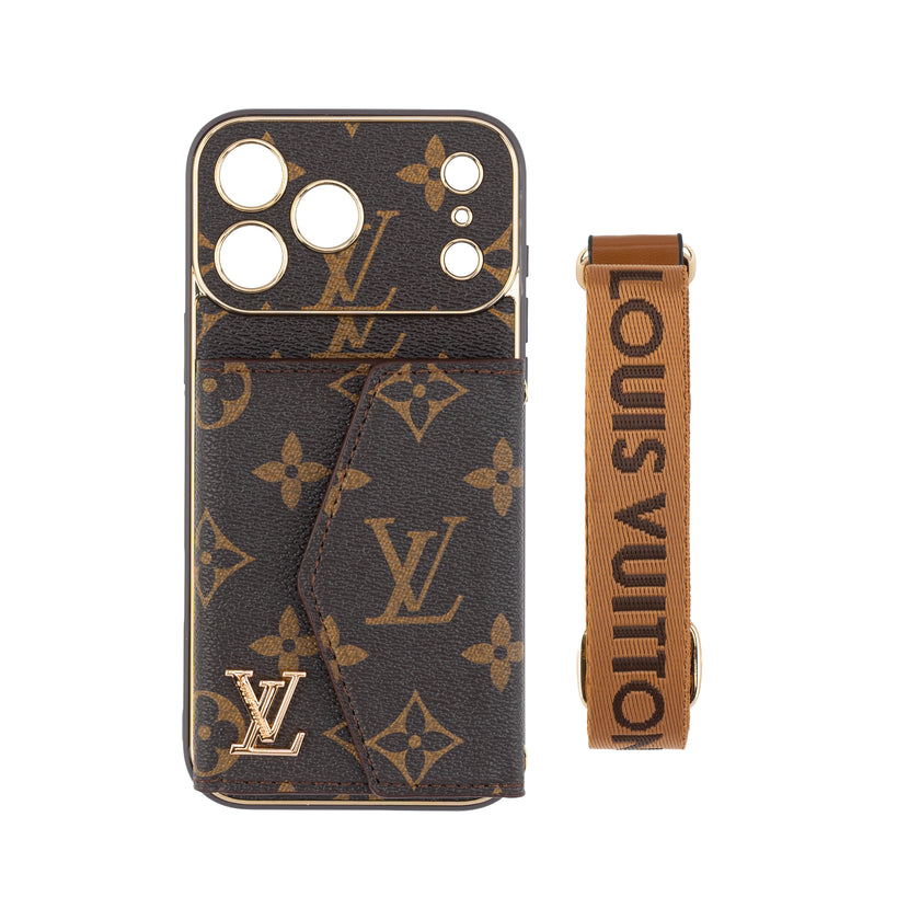 Designer-Inspired Monogram iPhone Case with Detachable Strap & Wallet Pocket
