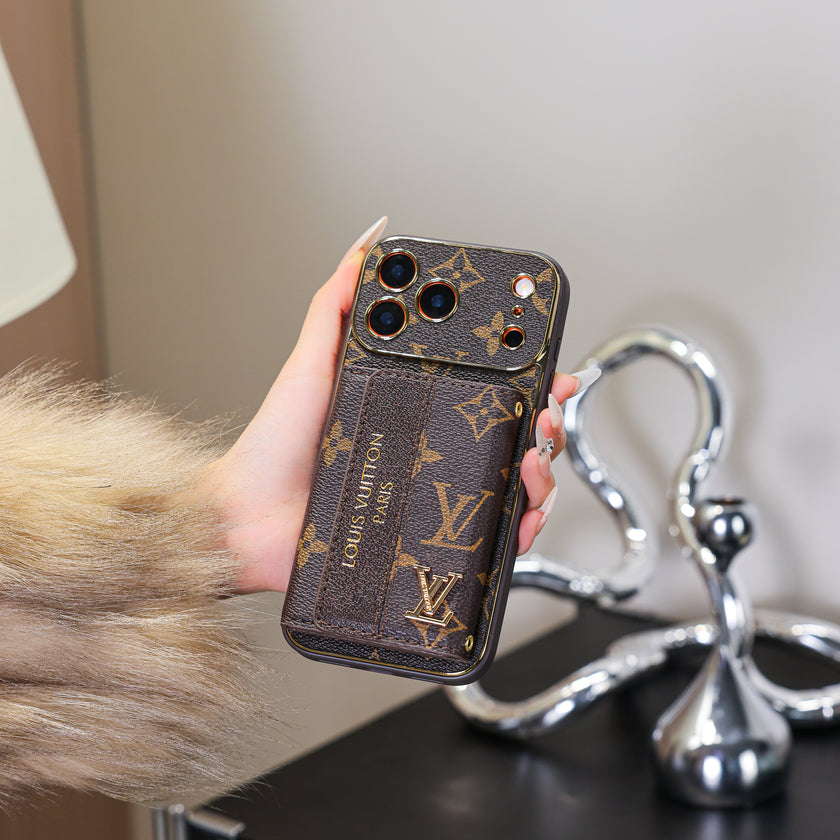 Designer-Inspired Monogram iPhone Case with Built-In Card Holder & Gold-Tone Details