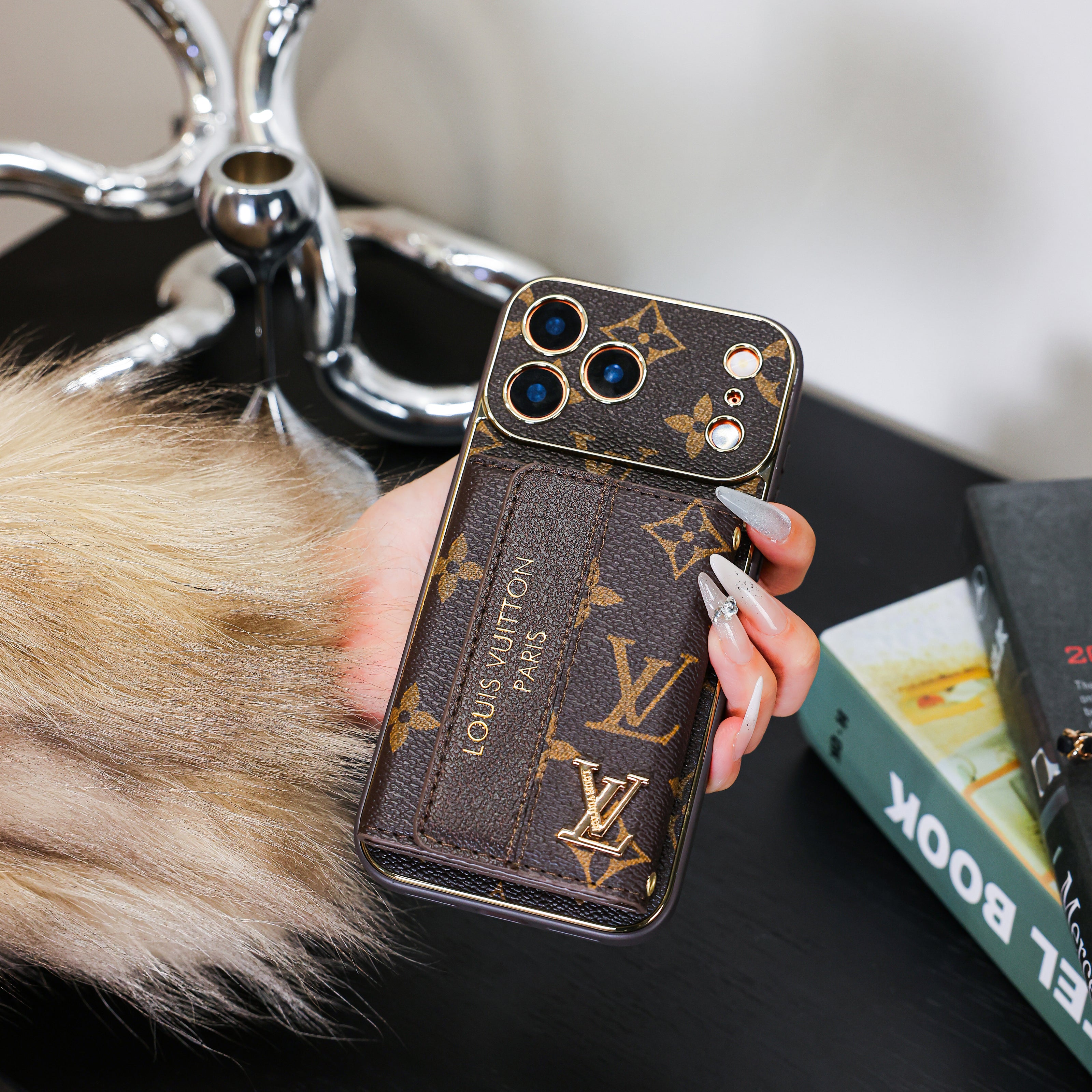 Designer-Inspired Monogram iPhone Case with Built-In Card Holder & Gold-Tone Details