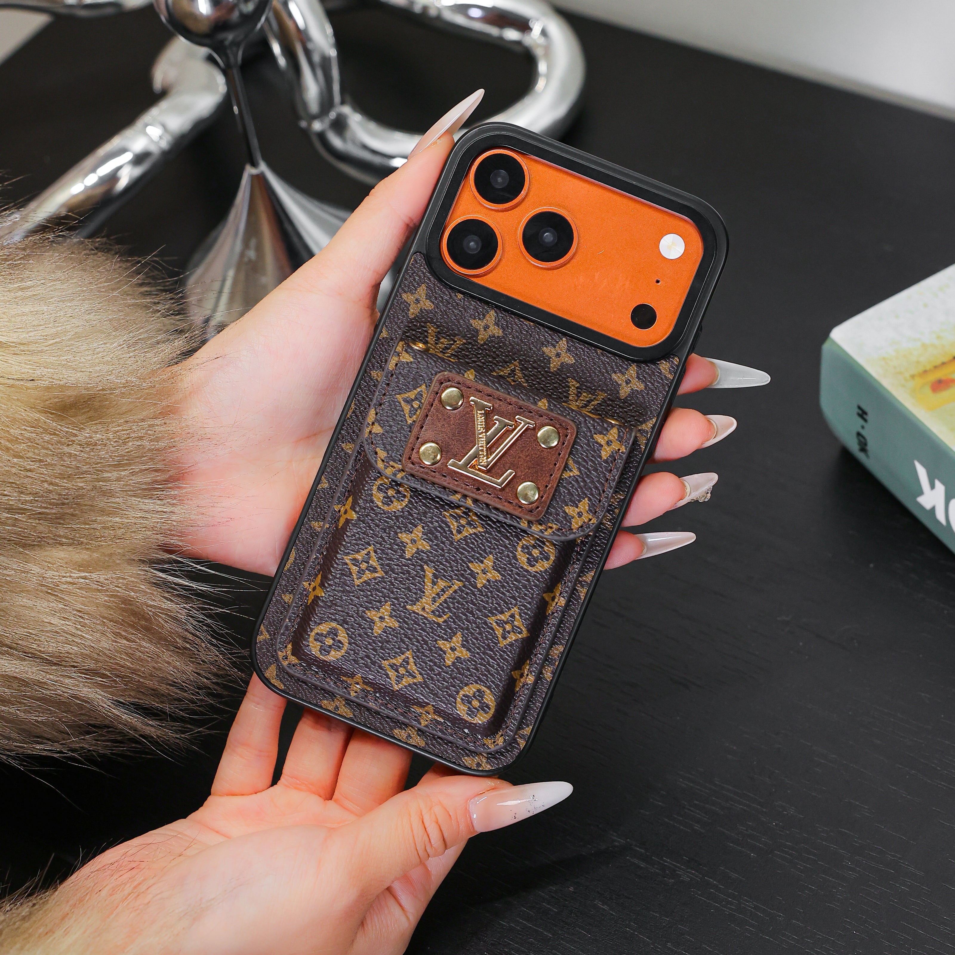 Designer-Inspired Monogram iPhone Case with Metal Wallet Pocket & Gold Chain