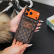 Designer-Inspired Monogram iPhone Case with Metal Wallet Pocket & Gold Chain