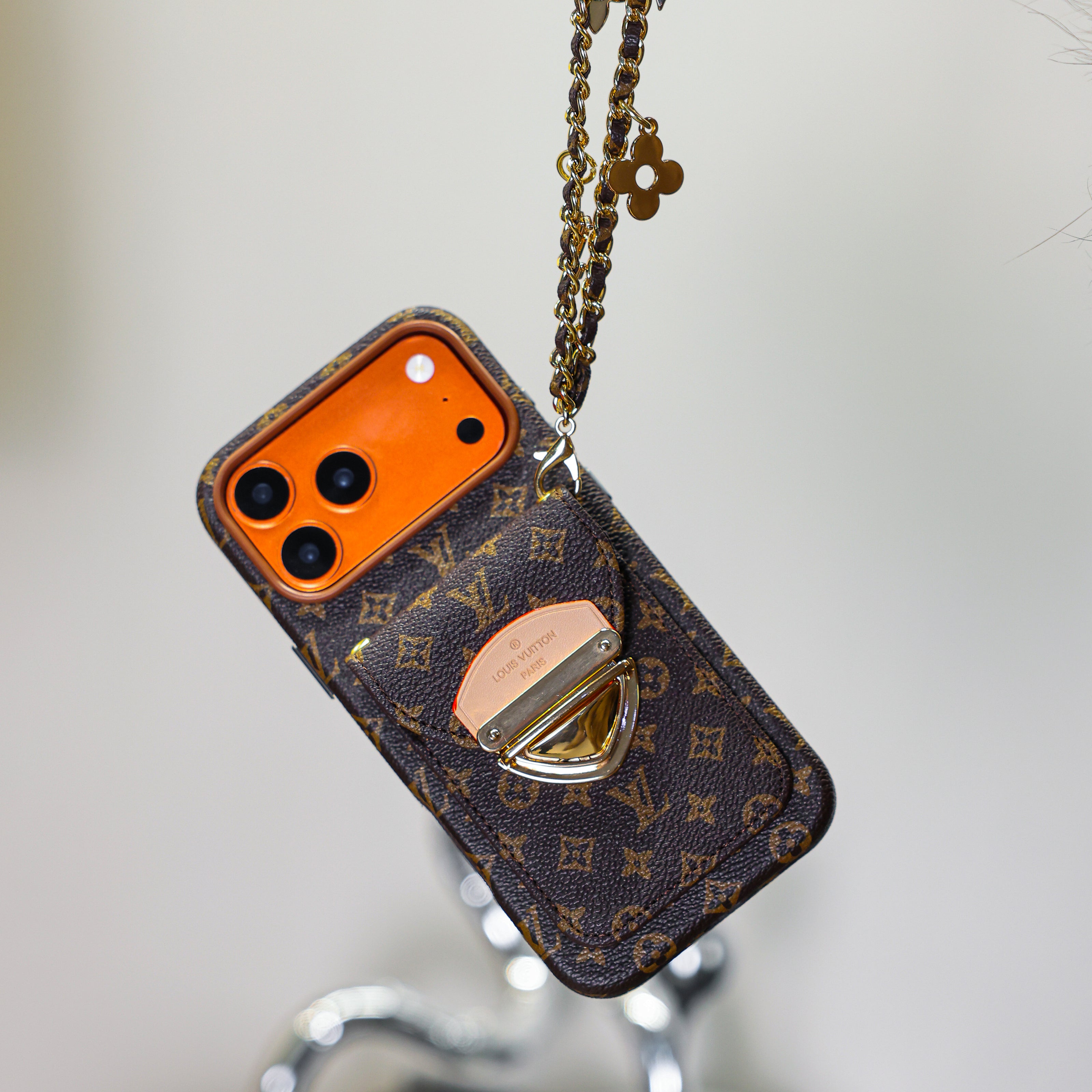 Designer-Inspired Monogram iPhone Case with Metal Wallet Pocket & Chain Charm