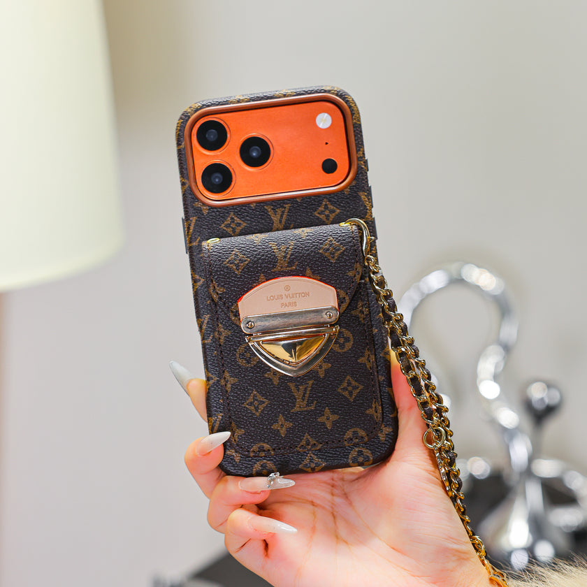Designer-Inspired Monogram iPhone Case with Metal Wallet Pocket & Chain Charm
