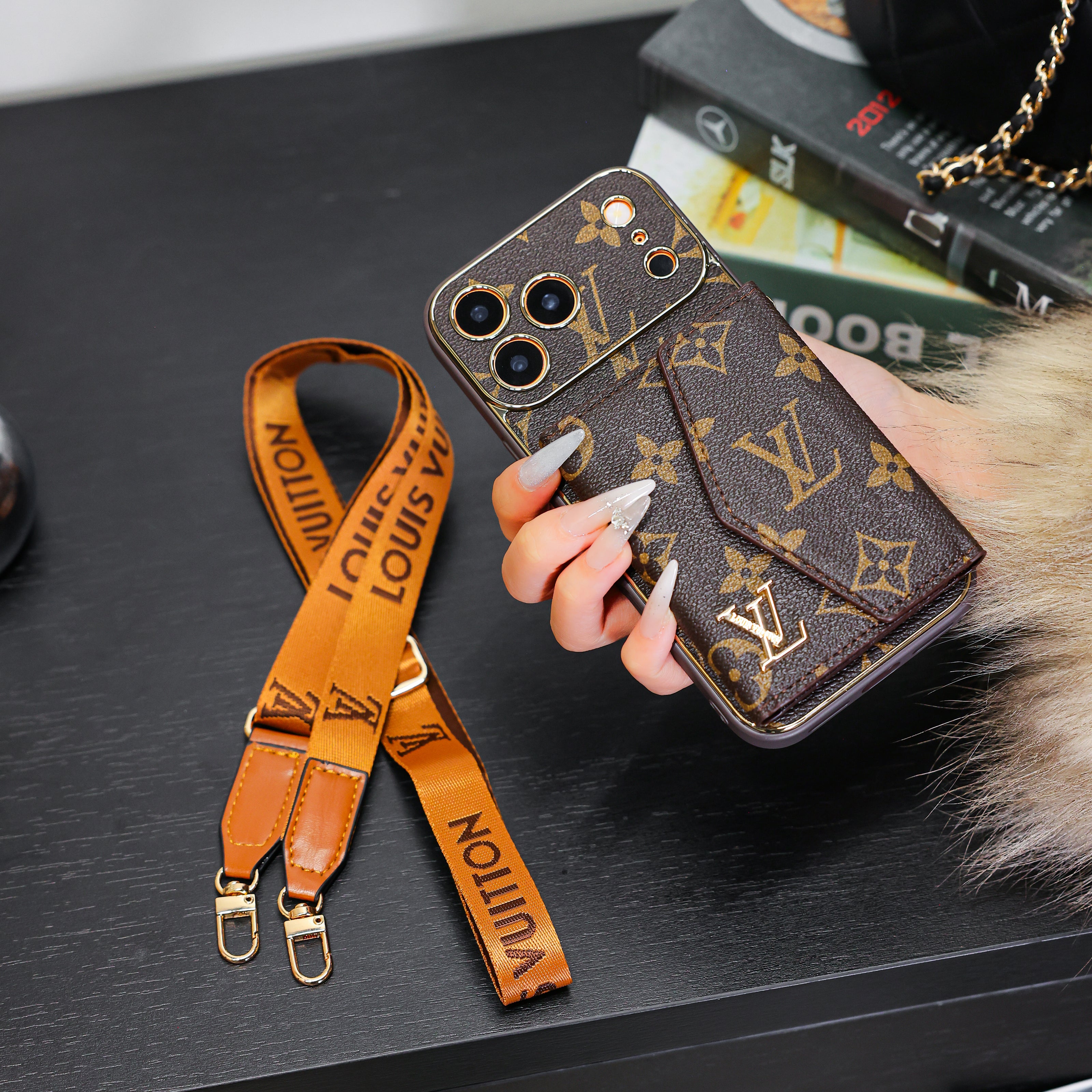 Designer-Inspired Monogram iPhone Case with Detachable Strap & Wallet Pocket