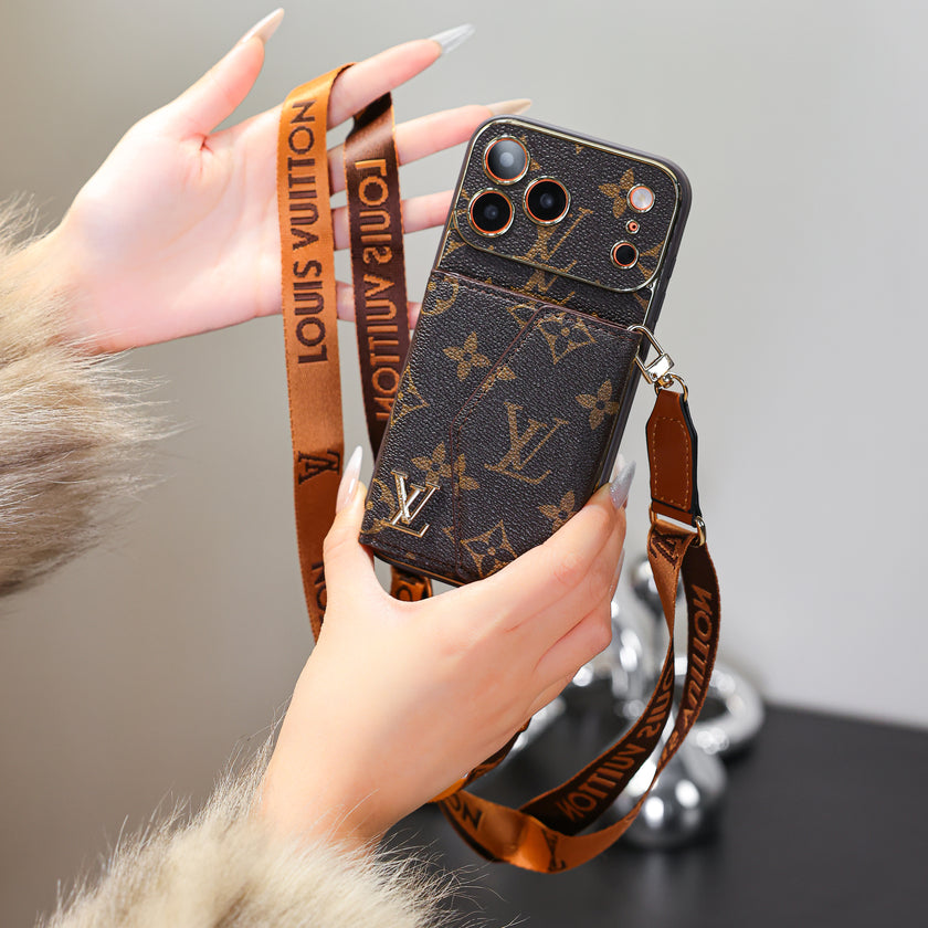 Designer-Inspired Monogram iPhone Case with Detachable Strap & Wallet Pocket