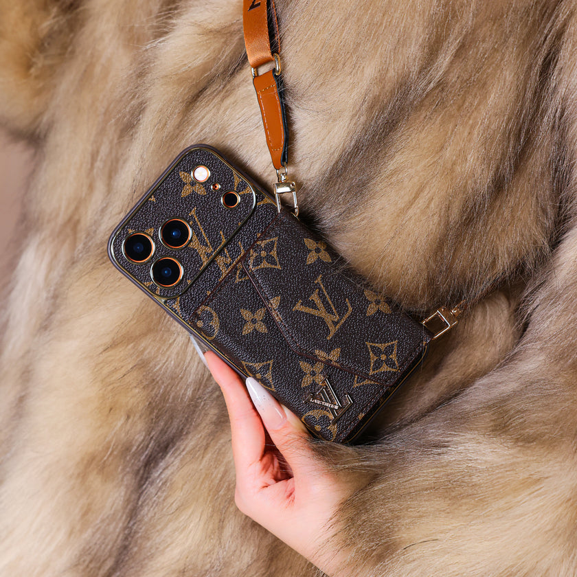 Designer-Inspired Monogram iPhone Case with Detachable Strap & Wallet Pocket