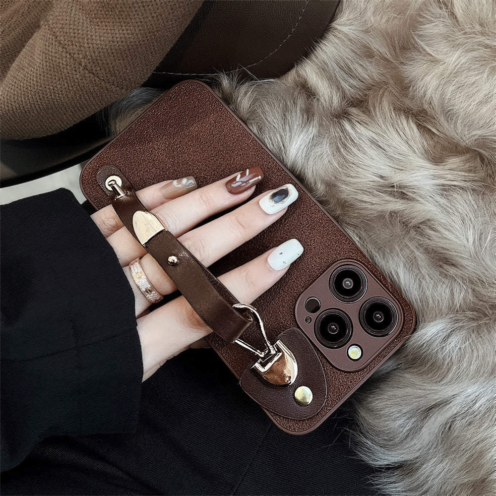 Applicable to iPhone15 iPhone case 14Pro max retro leather wristband 11 premium ins moon pit pattern 13