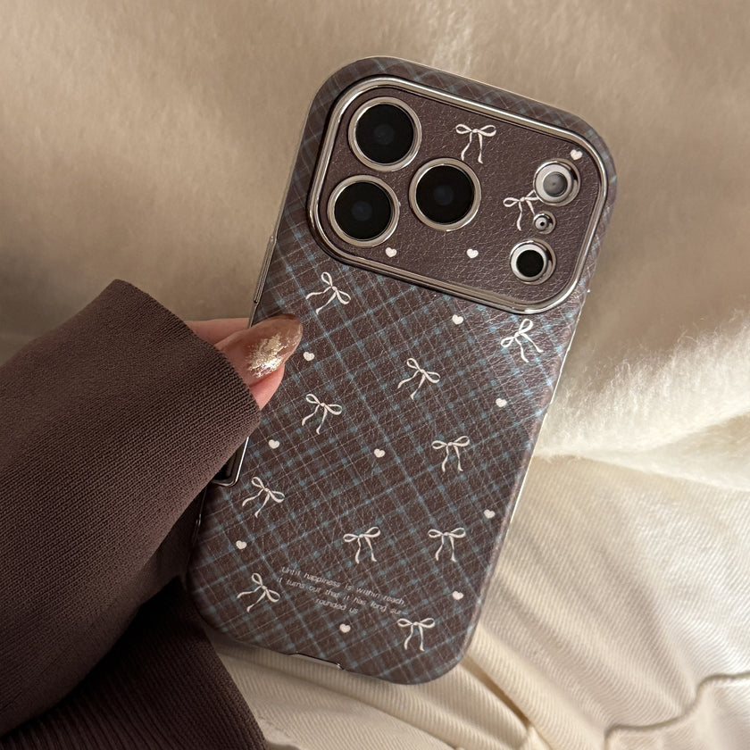 Apple 17promax 携帯電話ケース iphone16 レザーチェック柄リボン 15 レトロ 13 ソフト 12 オールインクルーシブに適用します。